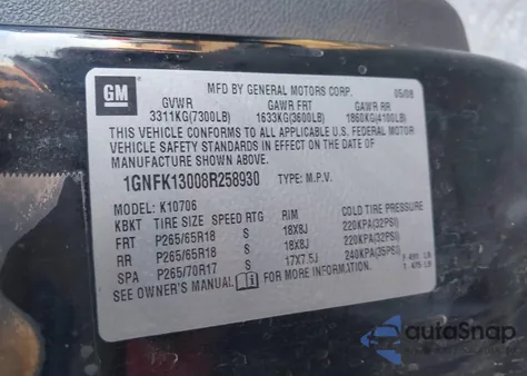 2008 Chevrolet Tahoe Lt z USA, uszkodzony, nr VIN 1GNFK13008R258930